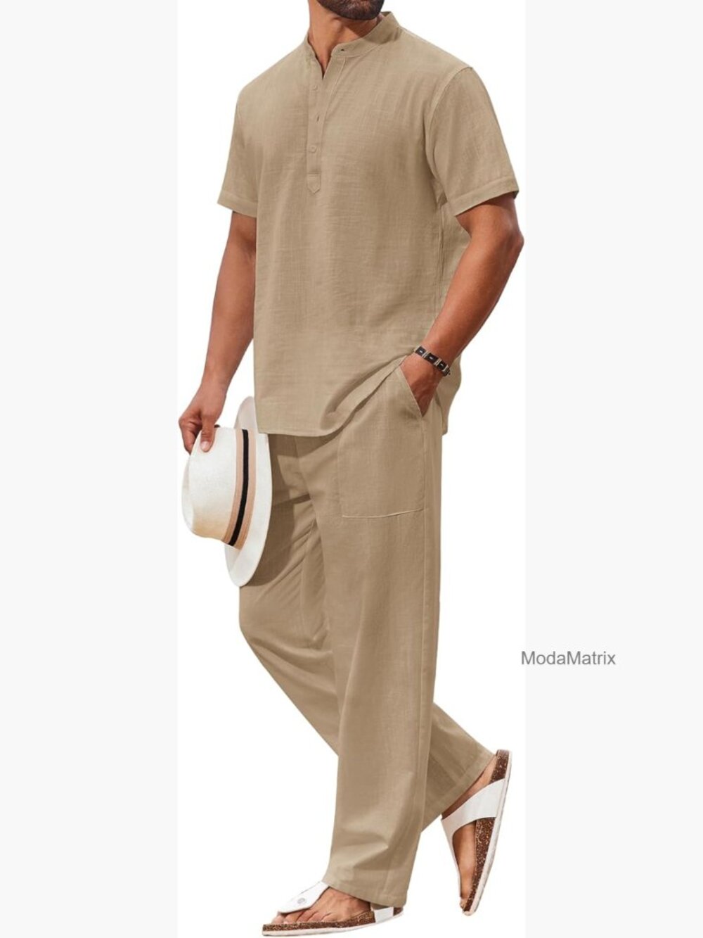 Men's 2 Piece Cotton Henley Short Sleeve Shirt and Pants Set Summer Outfit - Picture 1 of 7